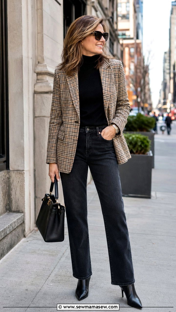 Plaid Blazer With Black Turtleneck And Straight Leg Jeans - 35 Old money outfits for women over 40