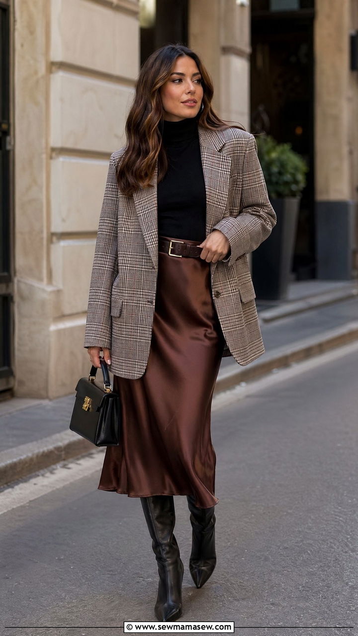Plaid Blazer With Brown Satin Midi Skirt - 35 Skirt outfit ideas for women over 40