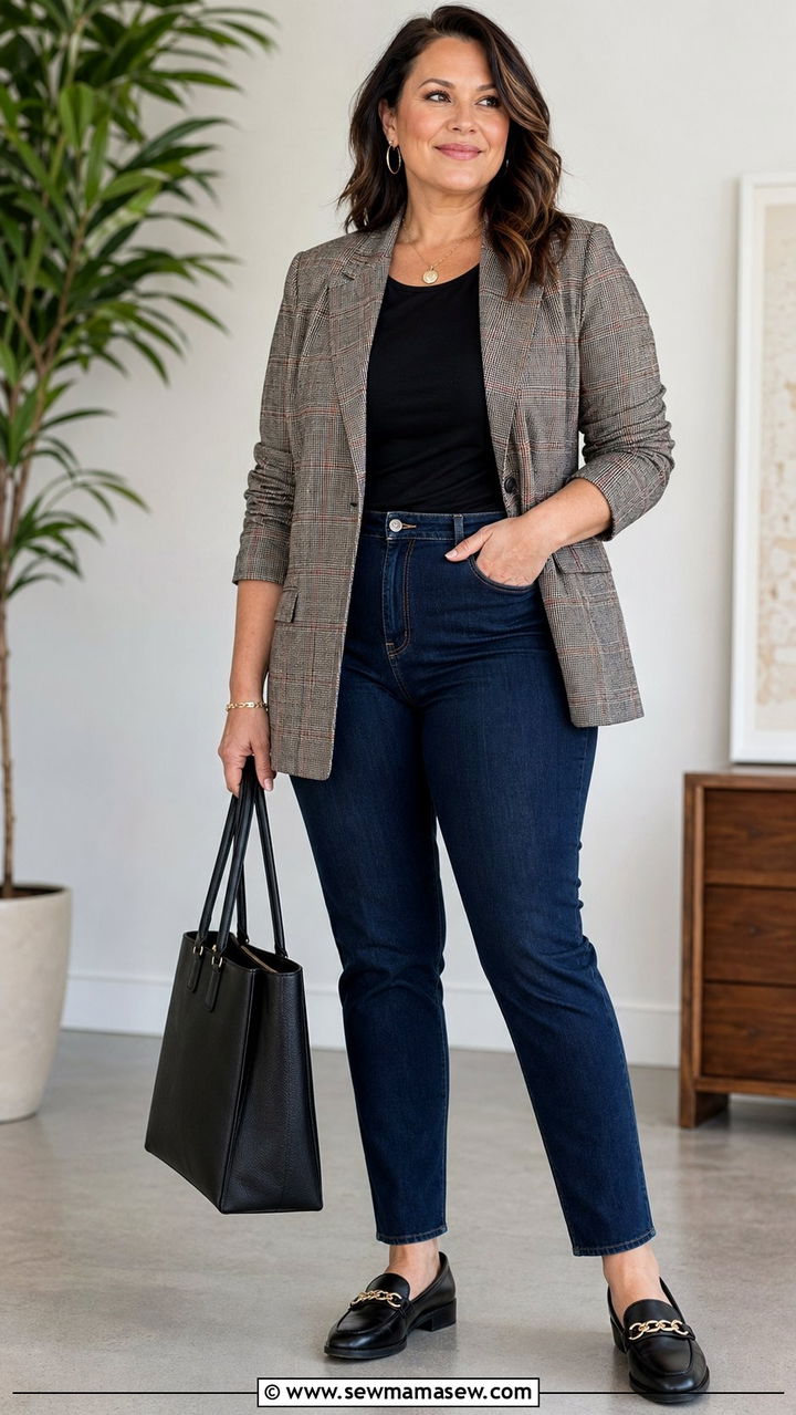 Plaid Blazer With Dark Denim And Loafers - 35 Plus size outfit ideas for women over 40