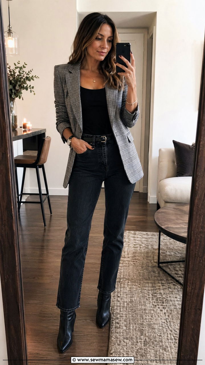 Plaid Blazer With Dark Denim and a Black Top - 35 transitional outfit ideas for women