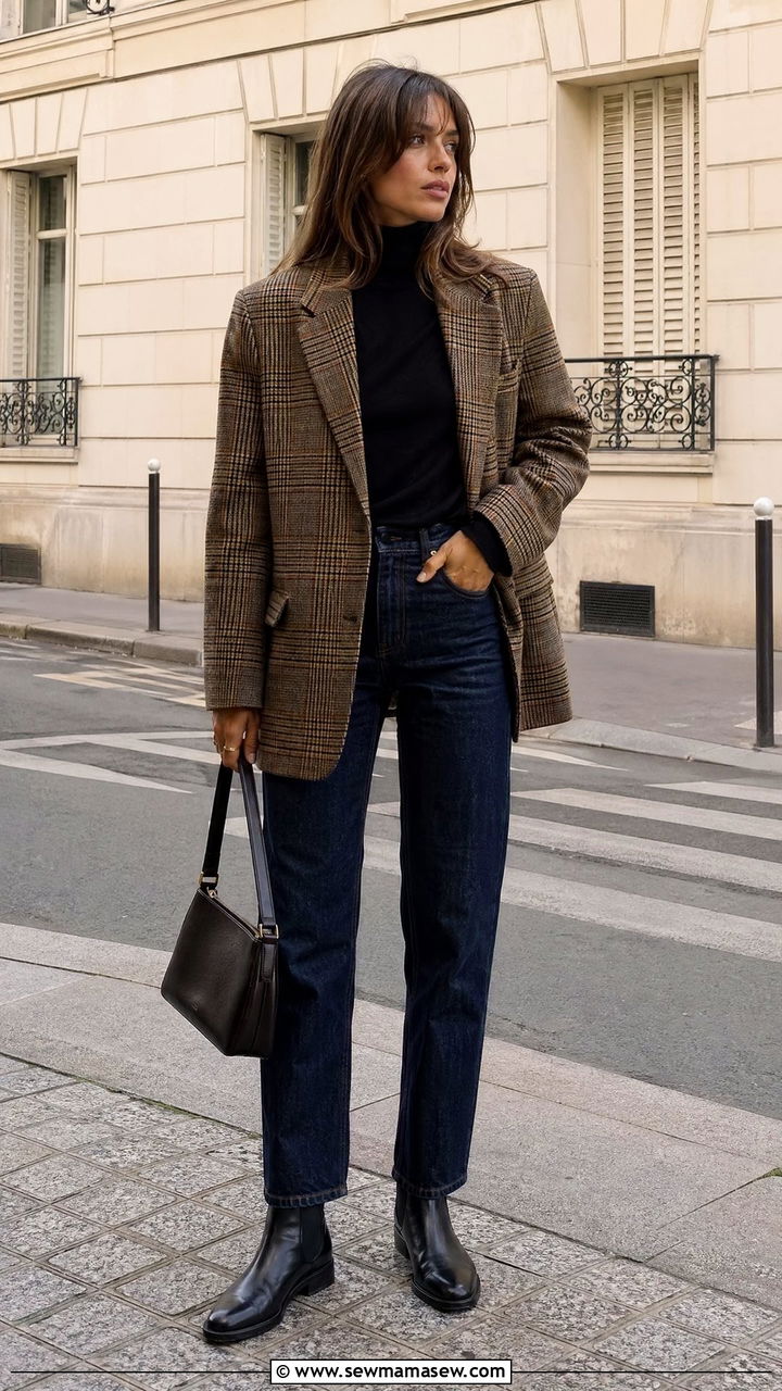 Plaid Blazer With Dark Straight Leg Denim And Chelsea Boots - 35 spring french girl outfits