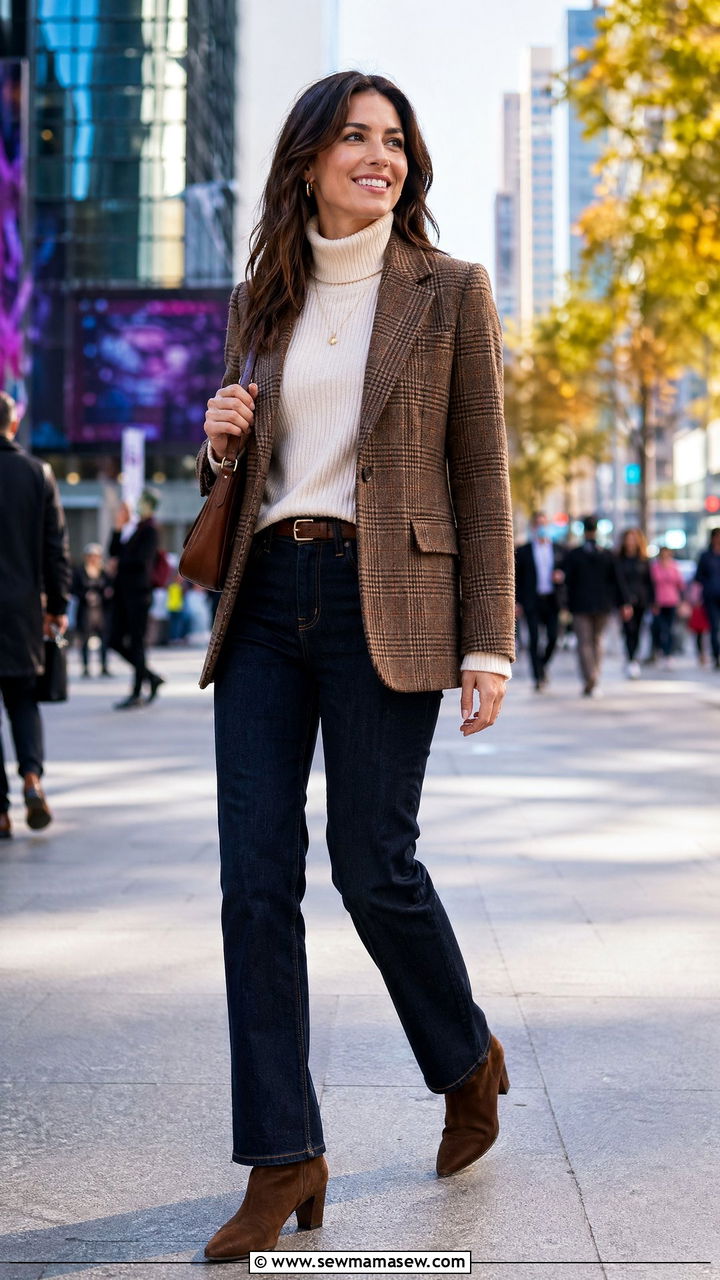 Plaid Blazer With Dark Wash Jeans And Ankle Boots - 35 Conference outfit ideas