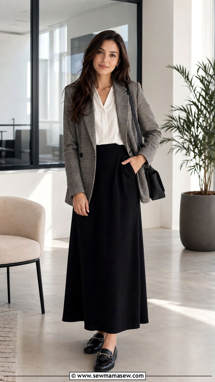 Plaid Blazer With Maxi Skirt Outfit - 35 Modest outfits for women over 40