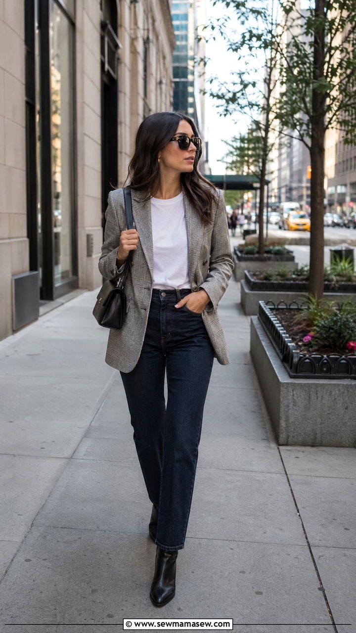 Plaid Blazer With White Tee And Dark Denim - 35 Spring New York outfit ideas