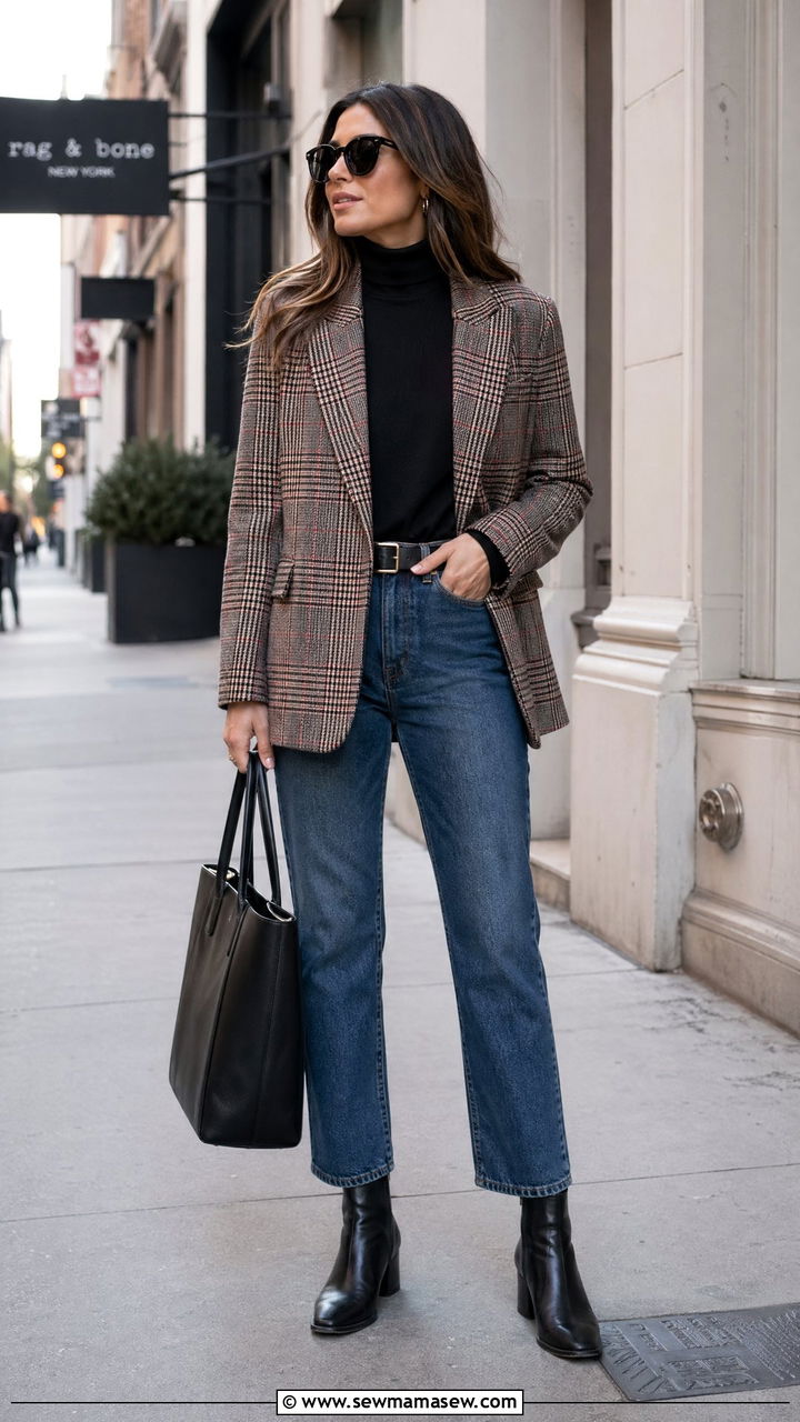 Plaid Blazer With a Turtleneck and Straight Leg Jeans - 40 trendy outfits for women