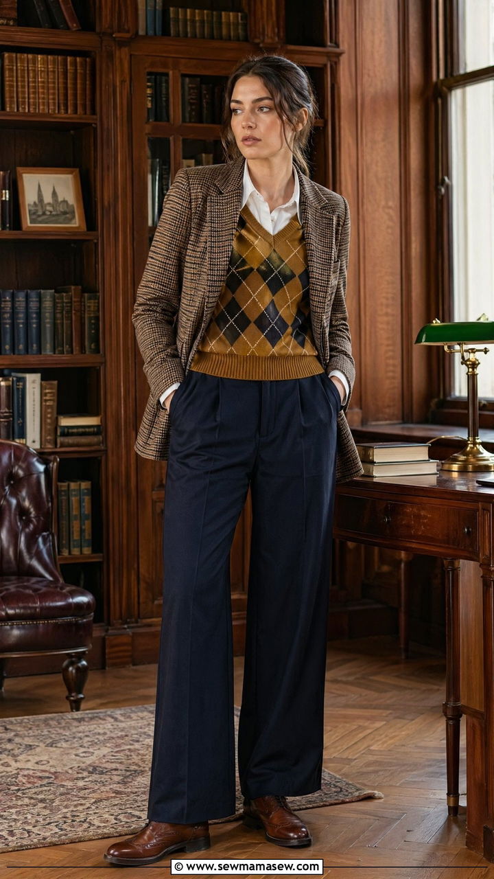 Plaid Blazer and Argyle Vest with Wide Leg Trousers - 35 dark academia outfits