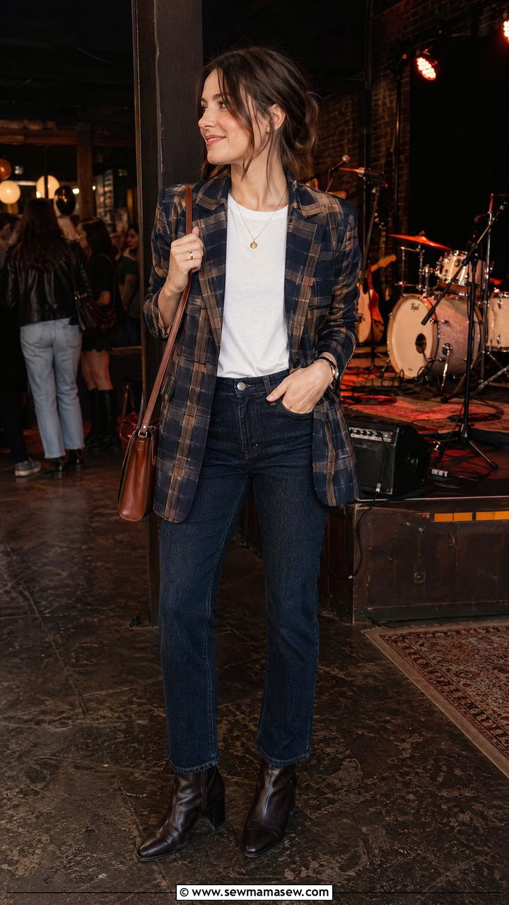 Plaid Blazer and Dark Denim Concert Outfit - 35 classy concert outfit ideas
