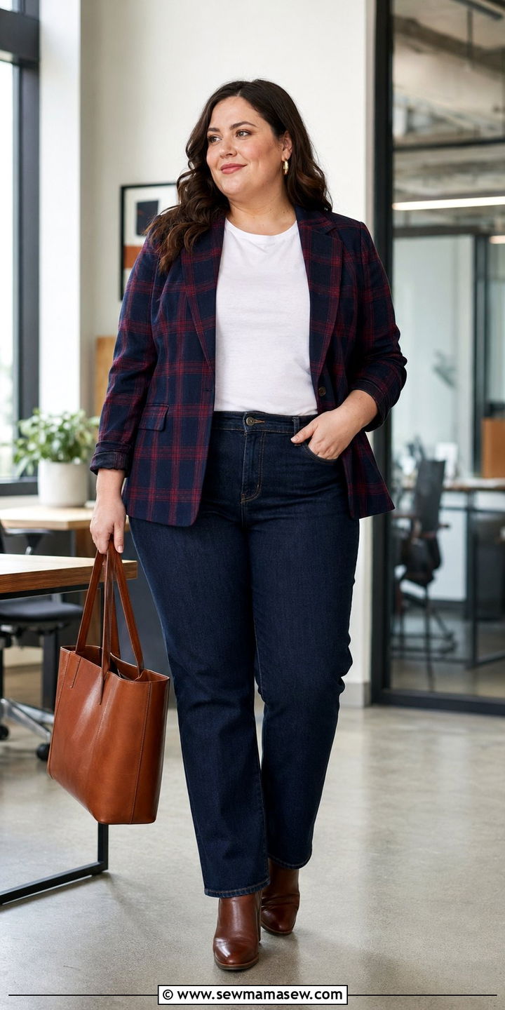 Plaid Blazer and Dark Wash Jeans - 30 Work outfits for plus size
