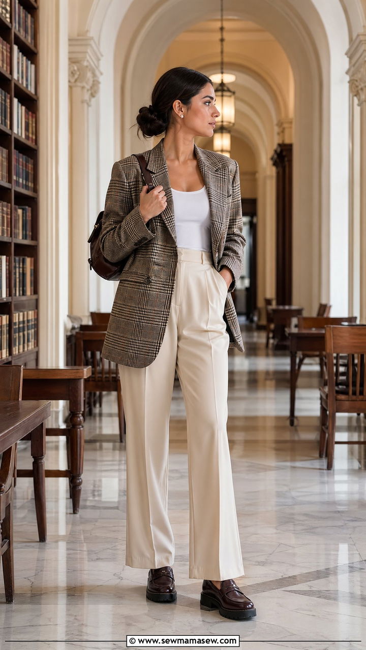 Plaid Blazer and Straight Leg Trousers Outfit - 35 Trendy outfits for college girls