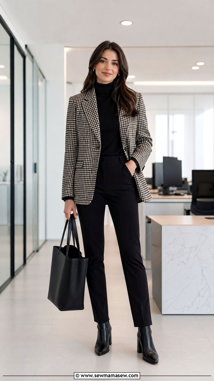 Plaid Blazer with Black Trousers and Heeled Ankle Boots - 35 cute office outfits
