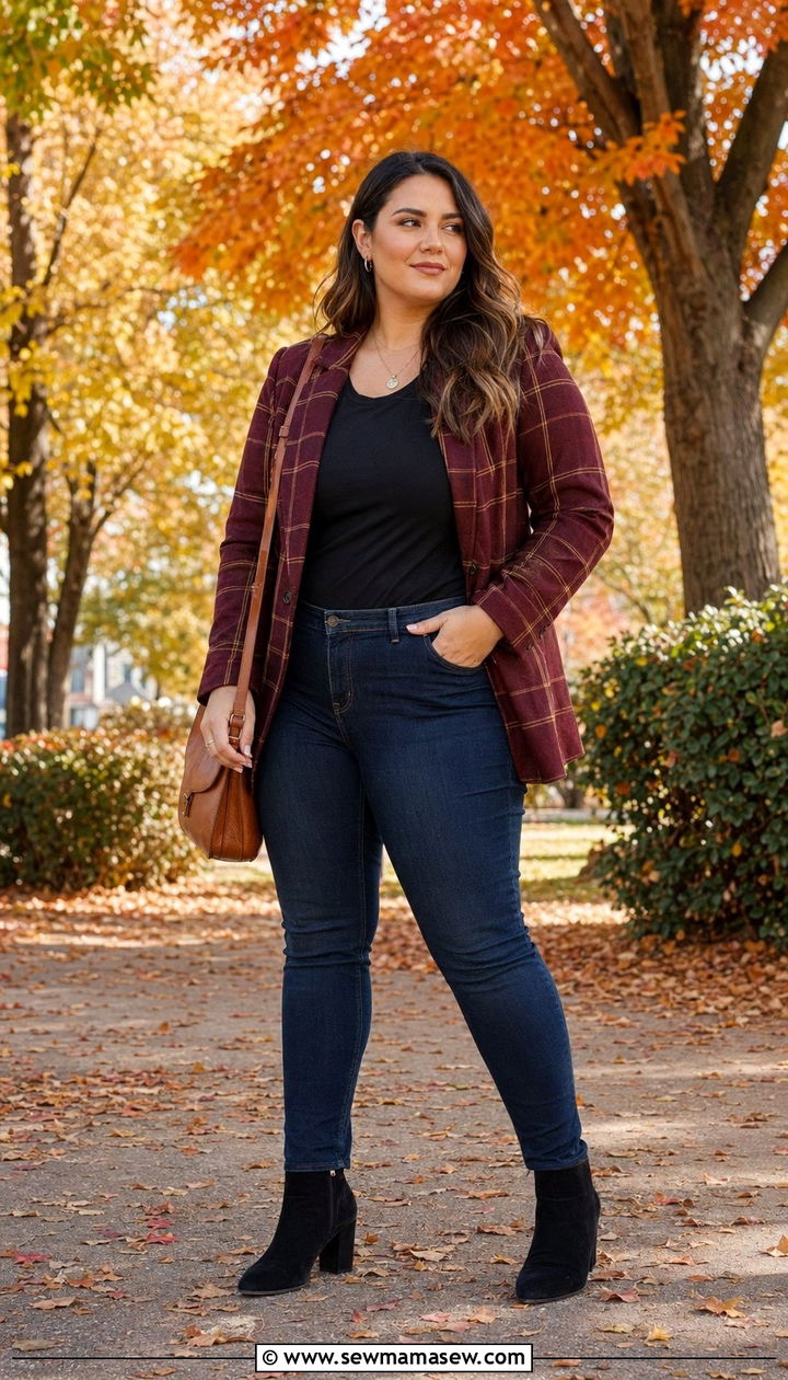 Plaid Blazer with Dark Denim and Heeled Ankle Boots - 35 outfit ideas for plus size women
