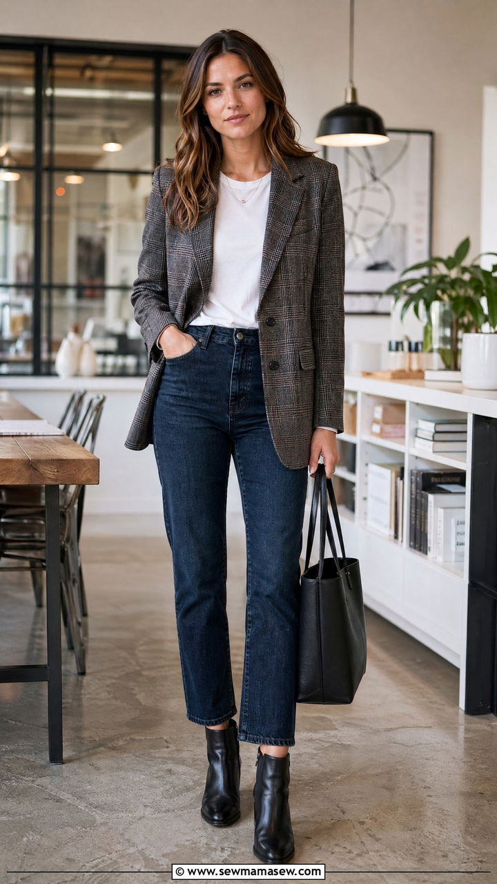 Plaid Blazer with Dark Denim - 35 Work outfits for women over 40