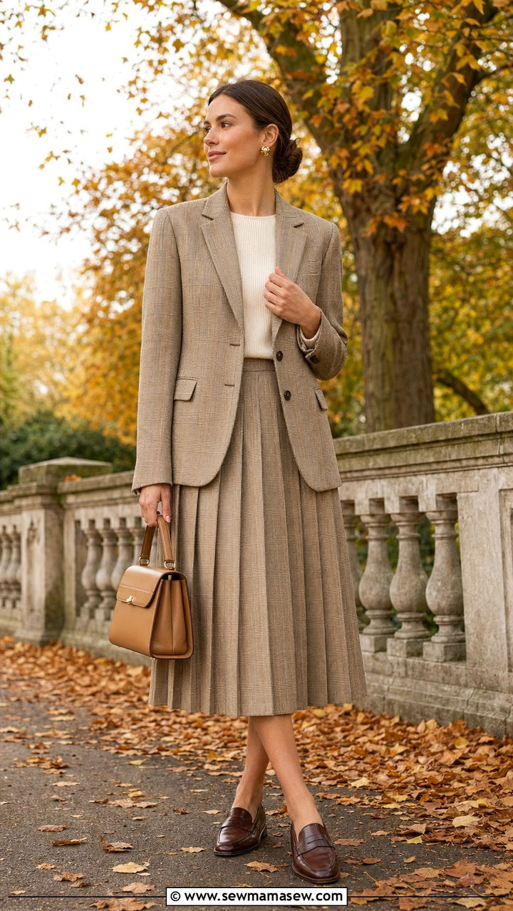 Plaid Blazer with Matching Pleated Midi Skirt - 35 Modest outfit ideas old money