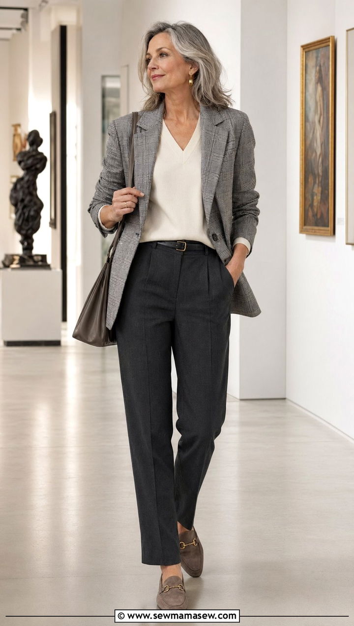 Plaid Blazer with Solid Trousers Outfit - 30 Best blazers for women over 60