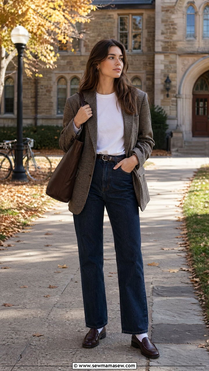 Plaid Blazer with Straight Leg Jeans - 35 college outfits for women