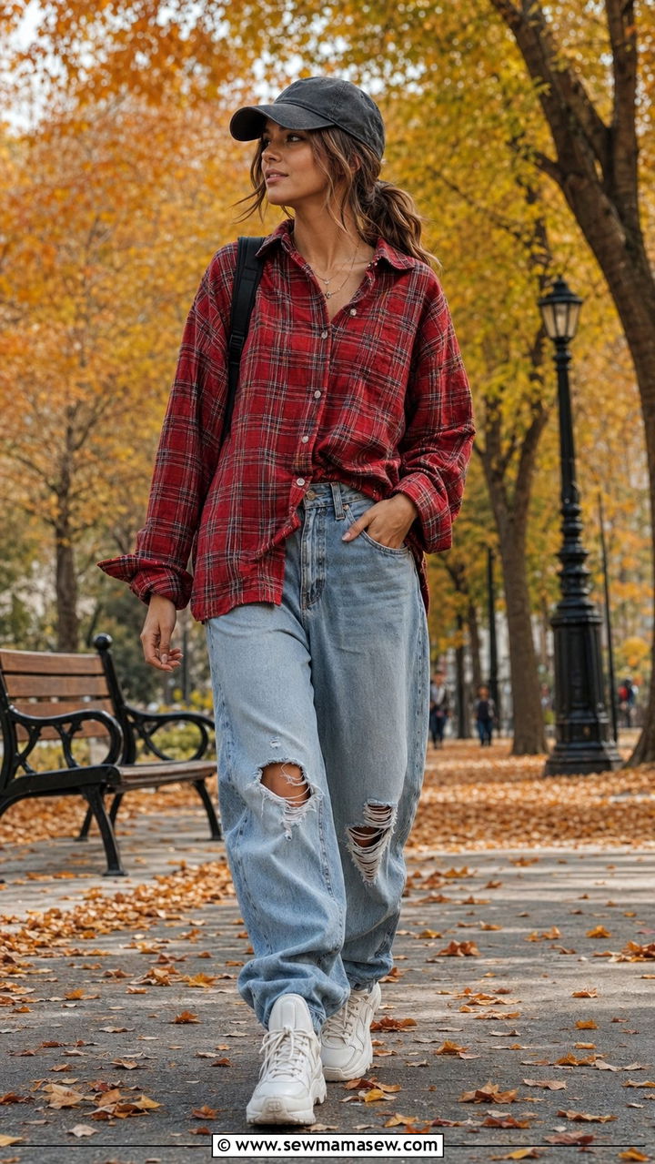Plaid Button Down with Distressed Baggy Jeans and Chunky Sneakers - 30 Baggy jeans outfit ideas with a button down