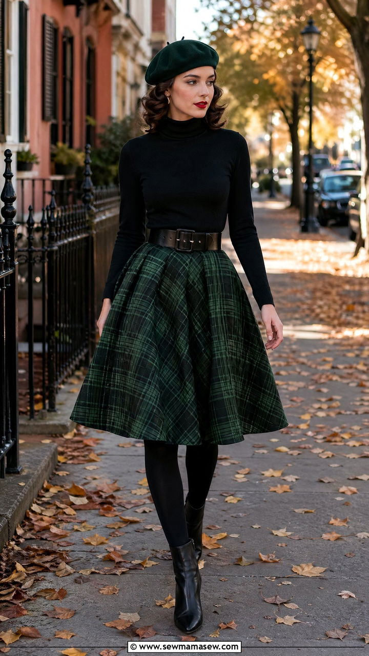 Plaid Circle Skirt with Turtleneck - 35 Vintage 50s outfit ideas