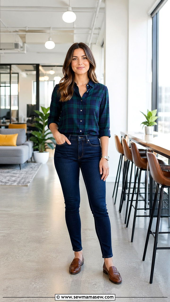 Plaid Dress Shirt and Dark Slim Jeans Outfit for Software Engineers - 30 Software engineer outfit ideas
