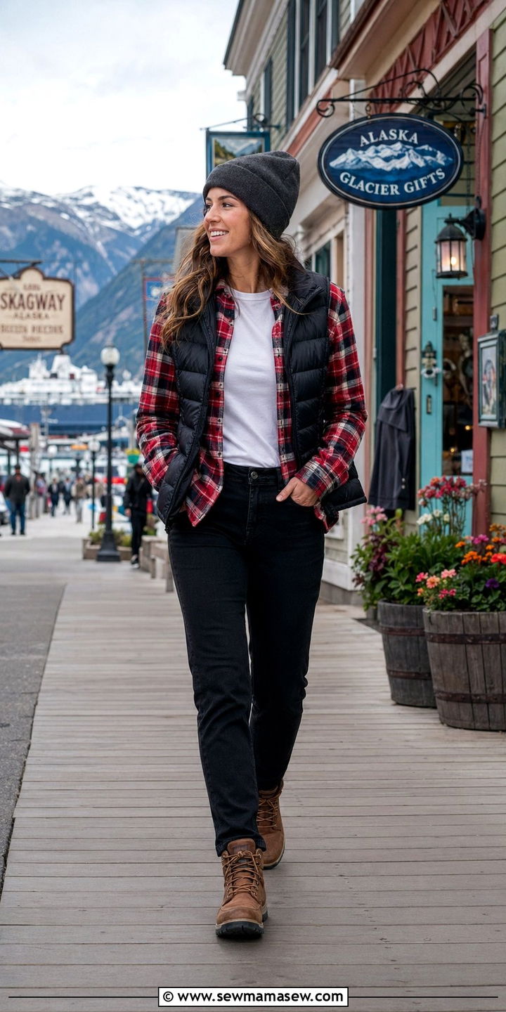 Plaid Flannel Shirt With Black Jeans And A Puffer Vest - 30 Alaska cruise outfit ideas