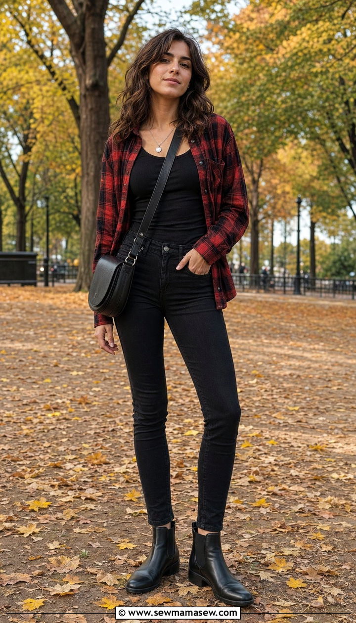 Plaid Flannel Shirt With Black Jeans Outfit - 30 90s outfit ideas for women over 40