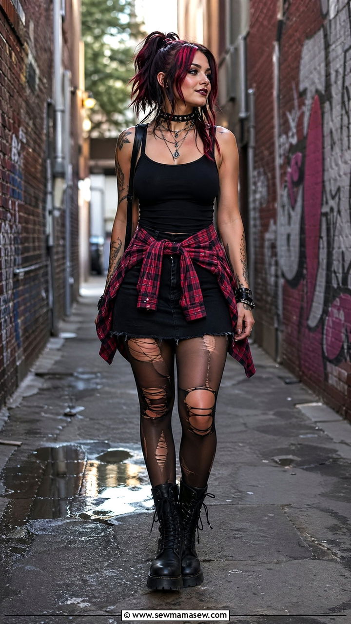 Plaid Flannel Shirt With Mini Skirt and Combat Boots - 35 concert outfit ideas for women