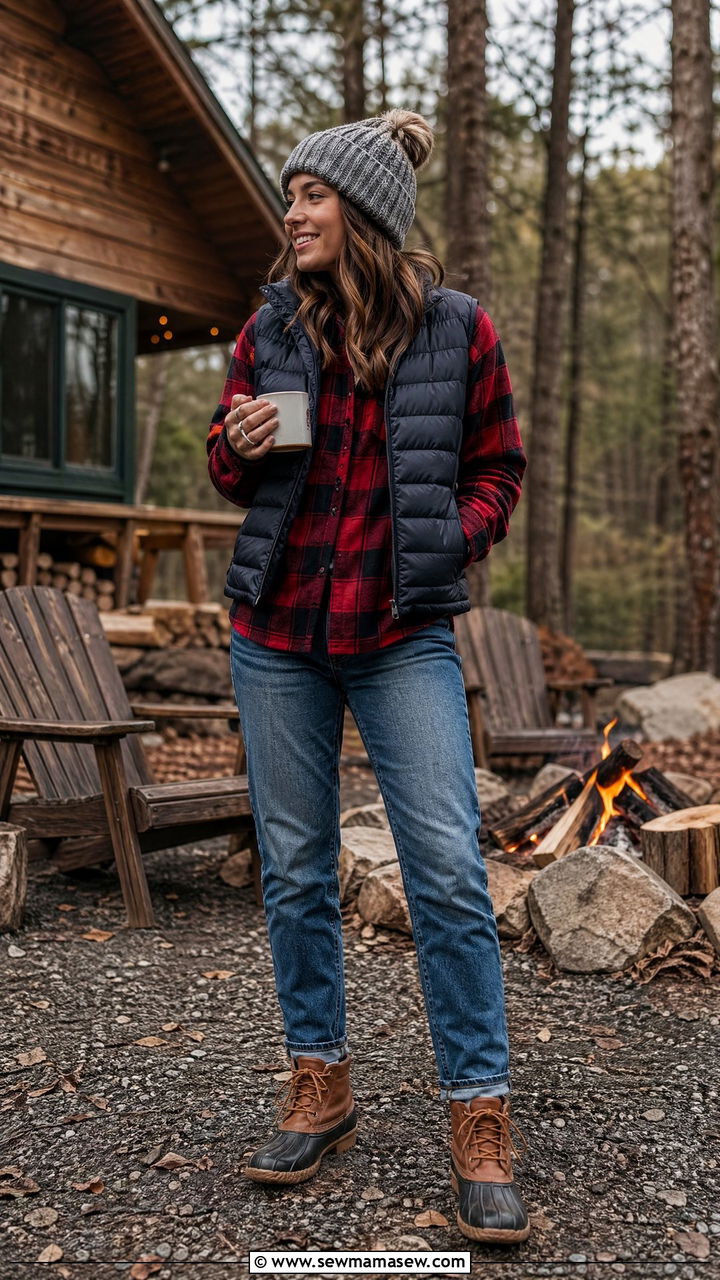 Plaid Flannel Shirt With Puffer Vest - 35 Cozy cabin weekend outfit ideas