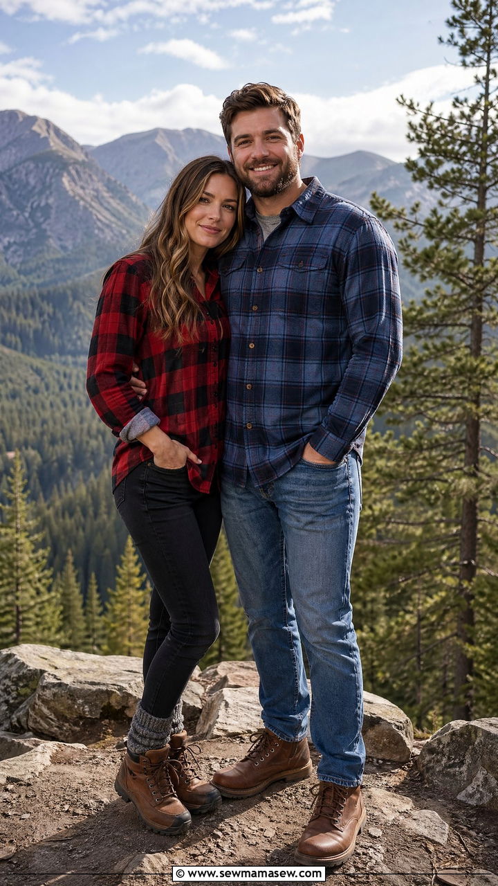 Plaid Flannel Shirt and Jeans Mountain Couple Outfit - 35 Couples photoshoot outfit ideas