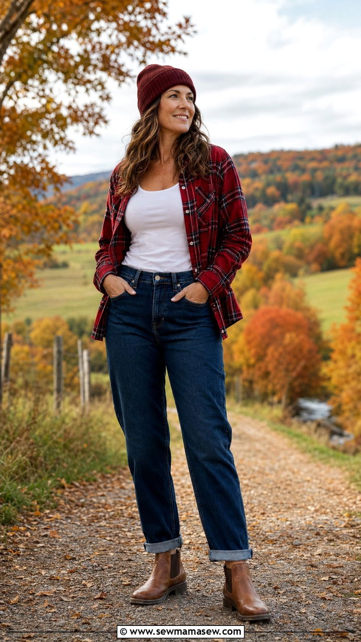 Plaid Flannel With Mom Jeans And Chelsea Boots - 35 mom jeans outfits for women over 40