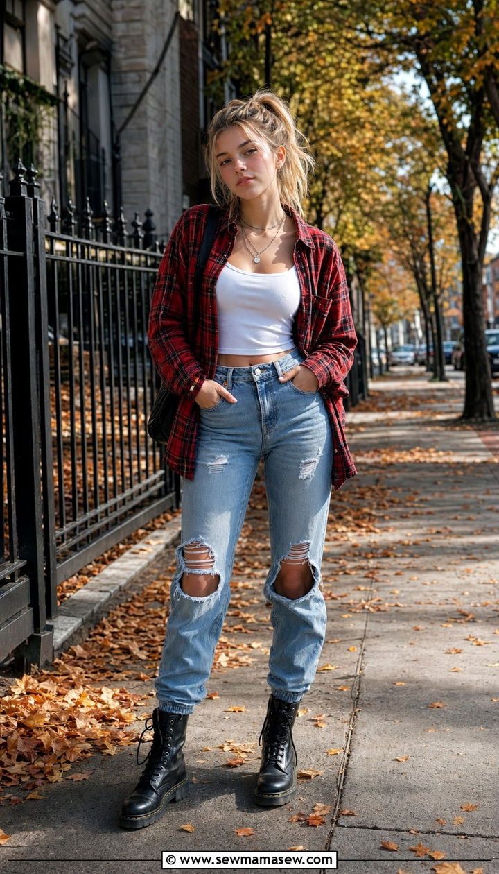 Plaid Flannel and Ripped Jeans School Outfit - 35 School outfit ideas for teens