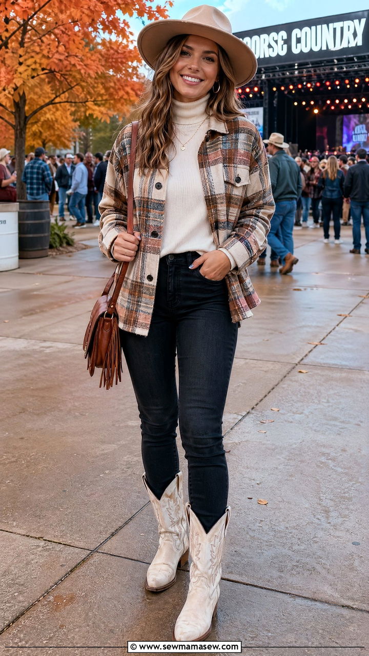 Plaid Jacket with Turtleneck and Jeans - 35 Country concert outfit ideas