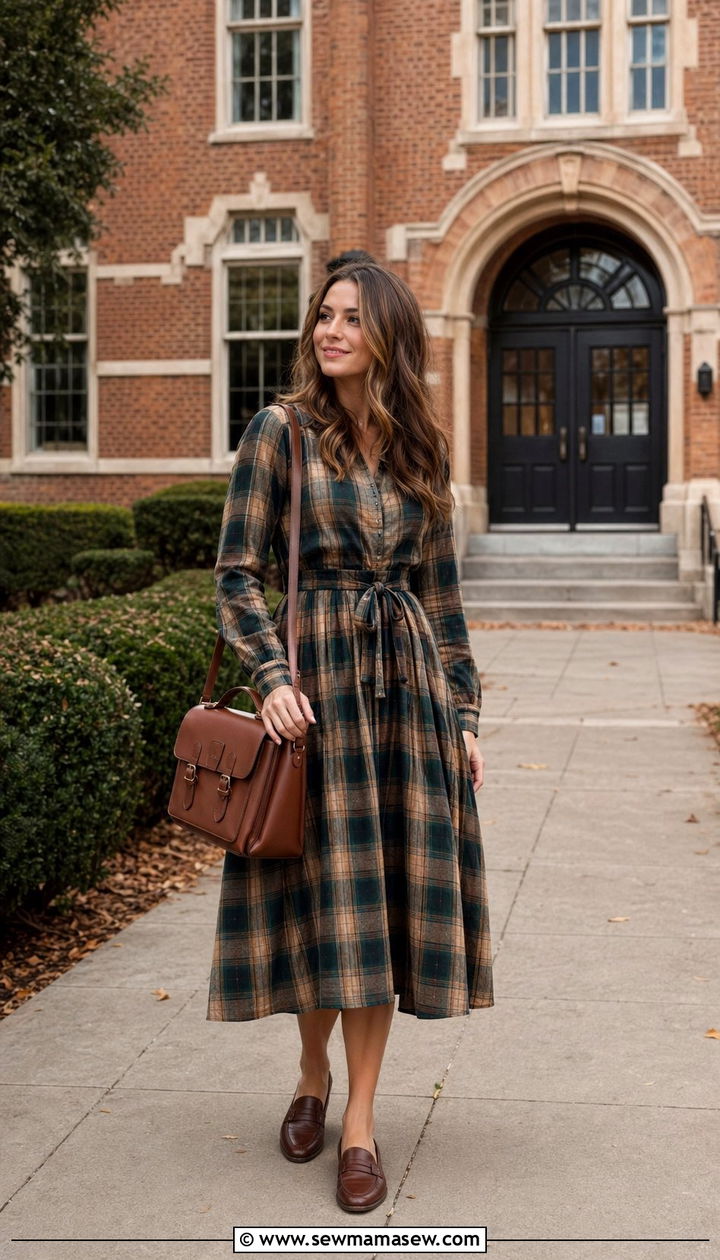 Plaid Midi Dress With Loafers Outfit - 35 school outfits for women