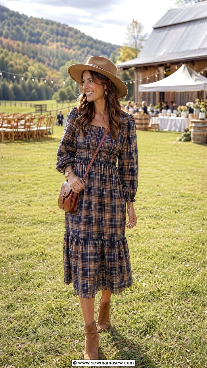 Plaid Midi Dress with Ankle Boots - 35 Countryside wedding guest outfit ideas