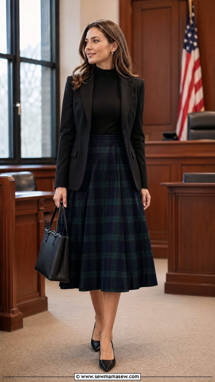 Plaid Midi Skirt And Black Top Court Outfit - 35 Court appearance outfit ideas