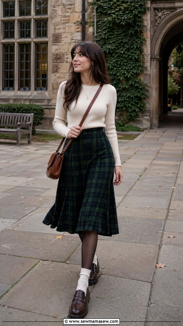 Plaid Midi Skirt Outfit With Fitted Knit And Loafers - 35 Dark academia outfit ideas