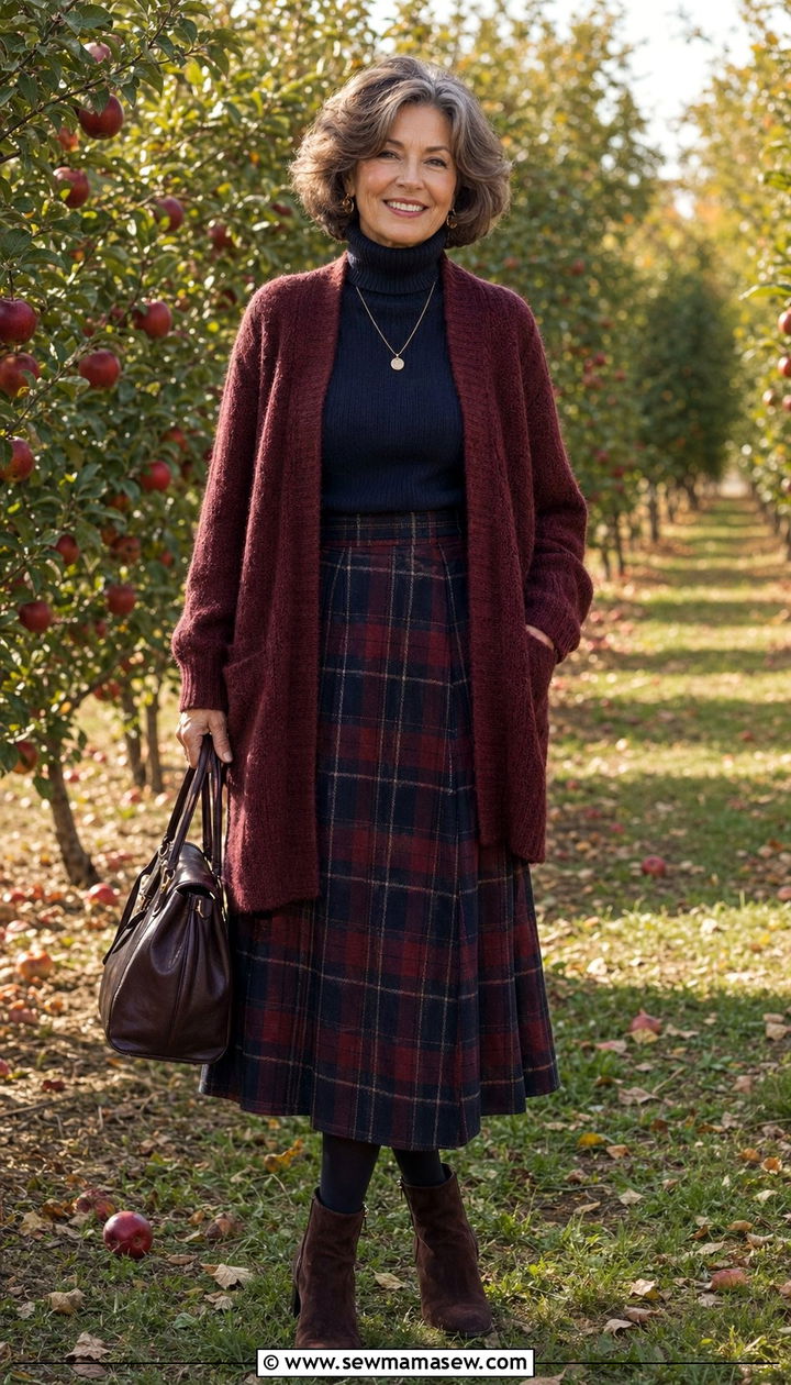 Plaid Midi Skirt With Cozy Cardigan - 30 Best skirts for women over 50