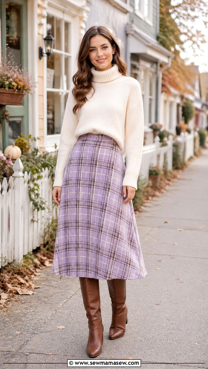 Plaid Midi Skirt With Turtleneck And Knee Boots - 30 spring cottagecore outfits