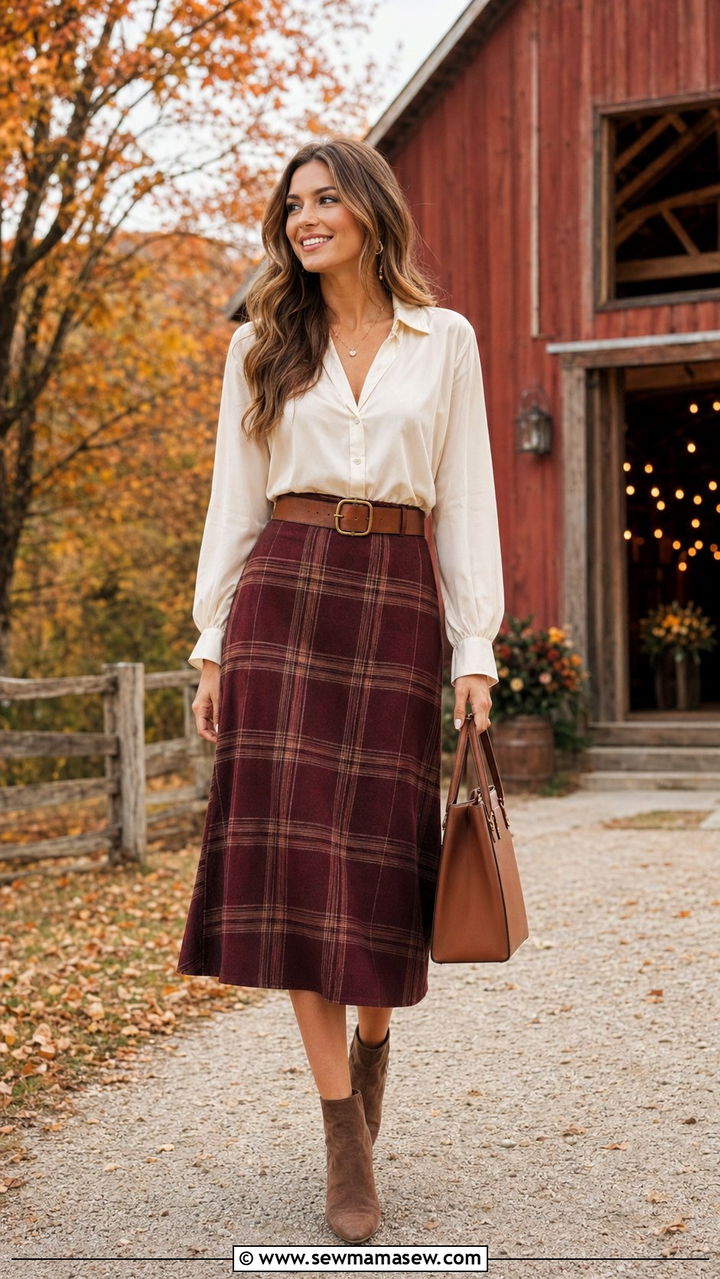 Plaid Midi Skirt with Silk Blouse - 30 Barn wedding guest outfit ideas