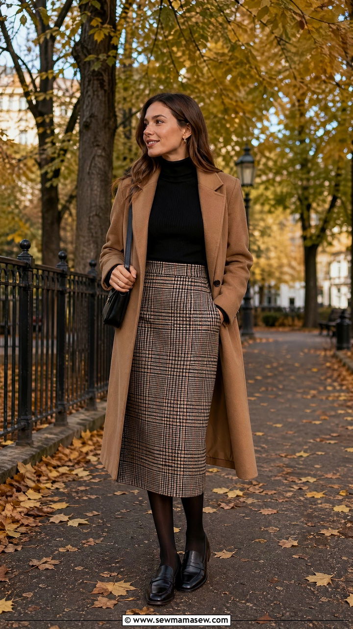 Plaid Midi Skirt with Turtleneck and Wool Coat Outfit - 35 transitional chic outfit ideas