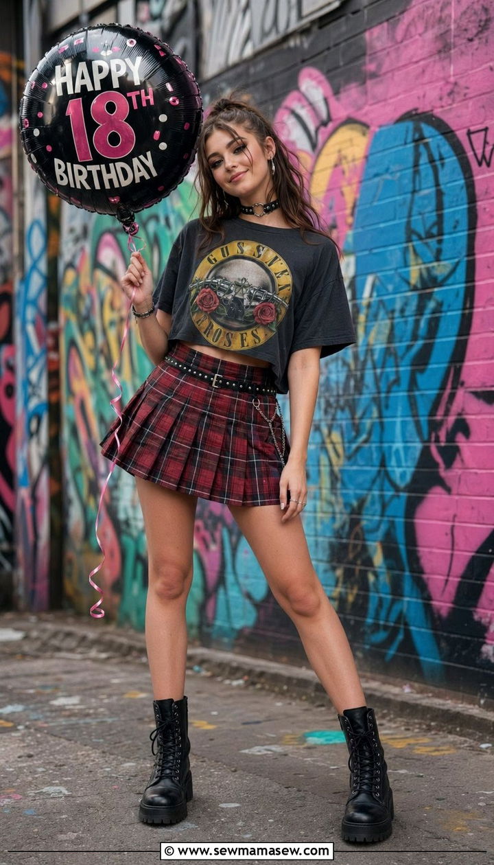 Plaid Mini Kilt Band Tee Combat Boots - 30 Birthday party outfits for teens