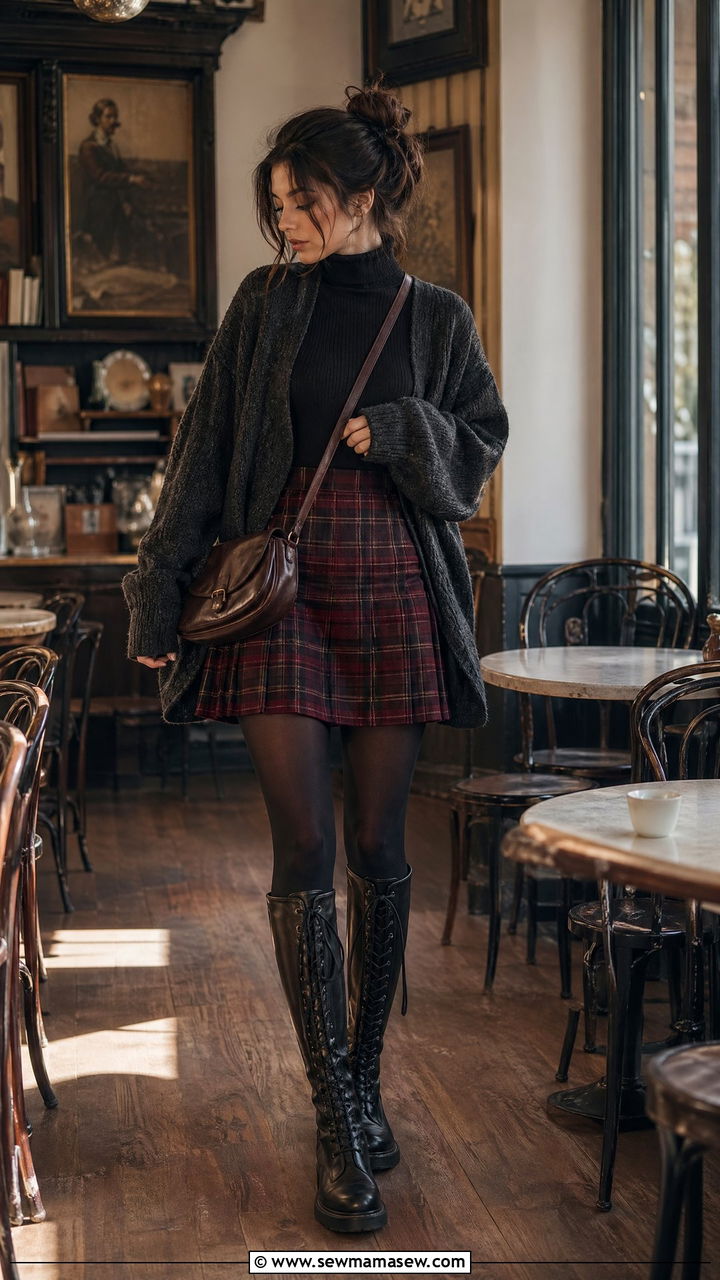 Plaid Mini Skirt and Oversized Cardigan with Lace Up Boots - 35 dark academia outfits