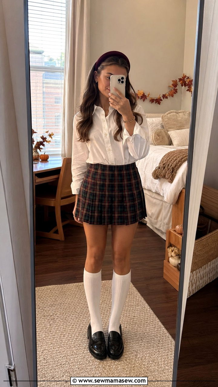 Plaid Mini Skirt with Knee Socks and Oxford Shirt - 35 Preppy outfit ideas