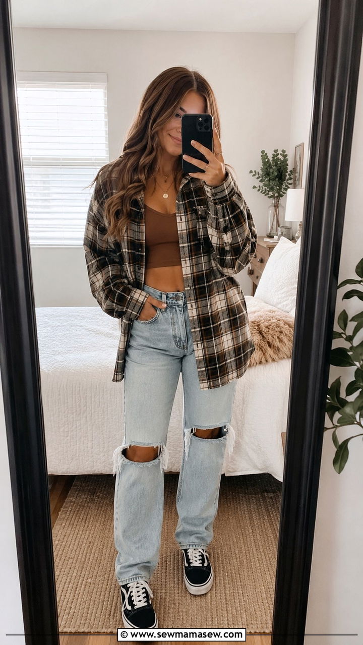 Plaid Oversized Button Down Shirt Over Crop Top School Outfit - 30 school outfits inspo