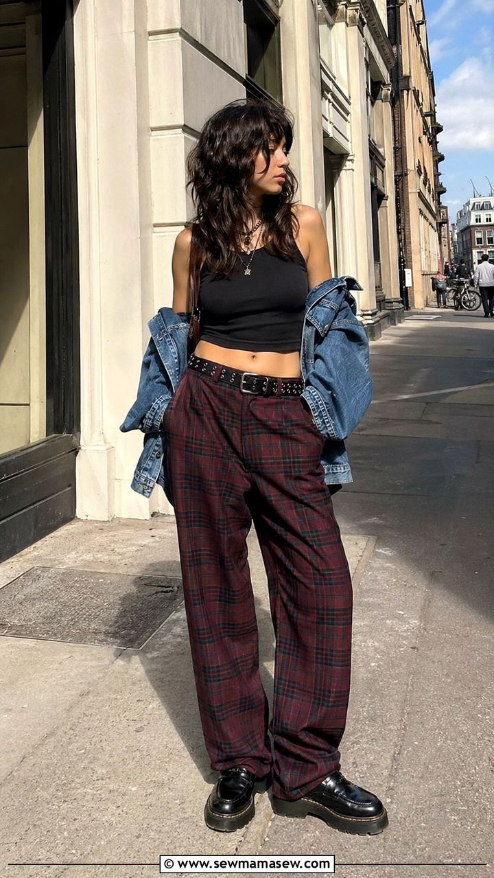 Plaid Pants and Cropped Tank Spring Outfit - 30 spring grunge outfits