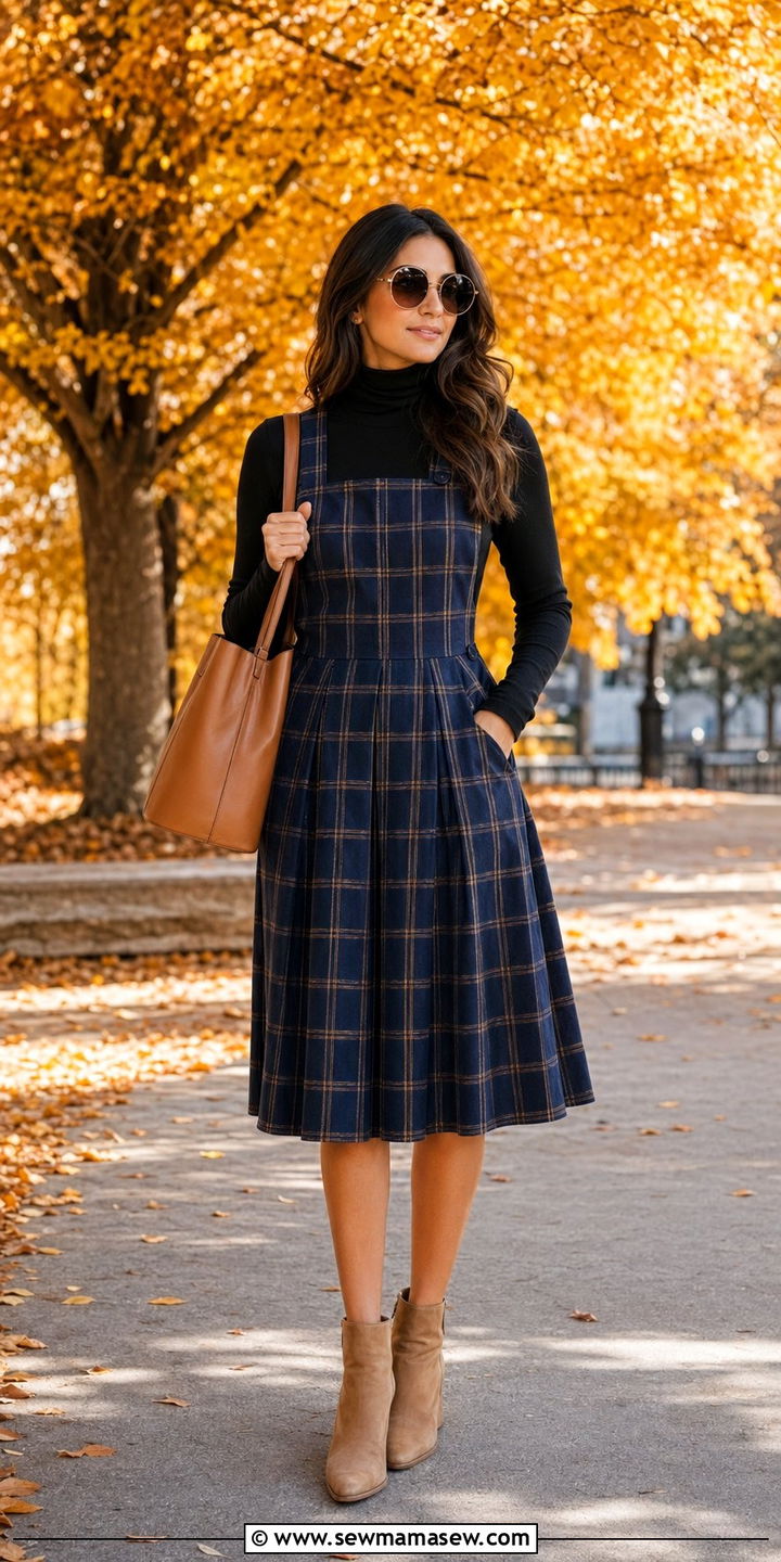 Plaid Pinafore Dress with Layered Top - 35 modest classy outfits