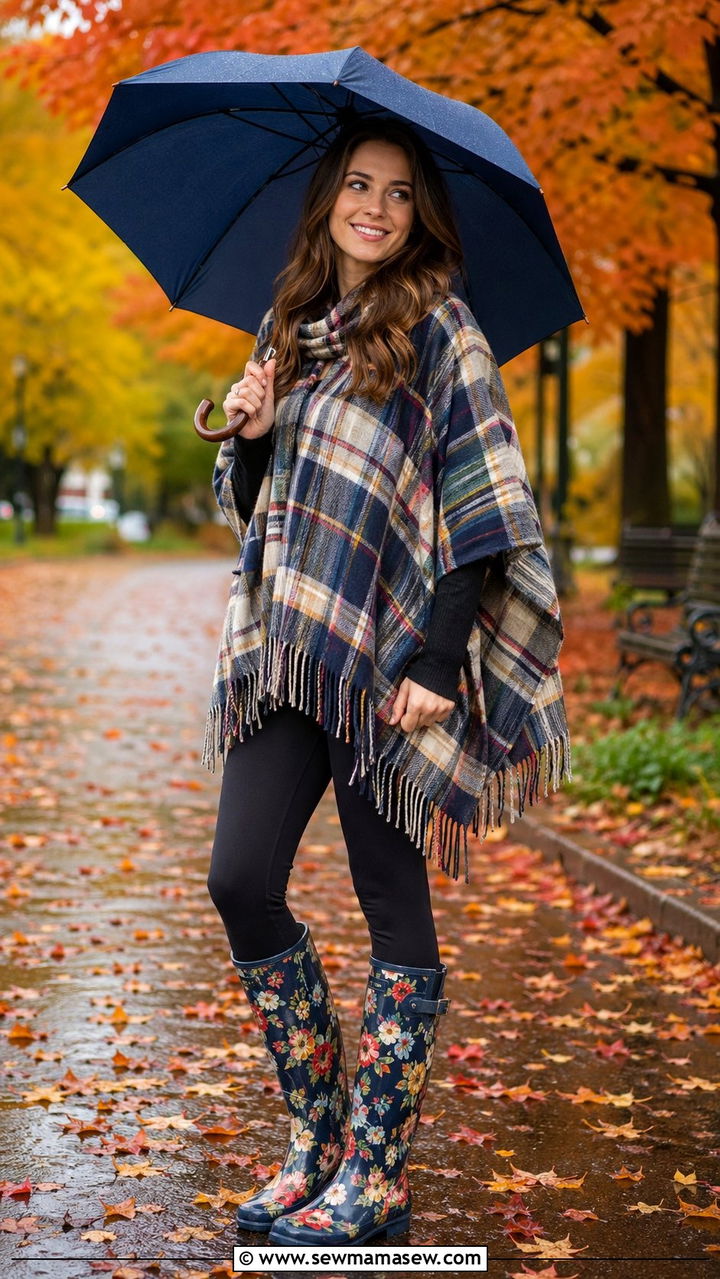 Plaid Poncho with Floral Rain Boots and Leggings - 35 rainy day outfit ideas