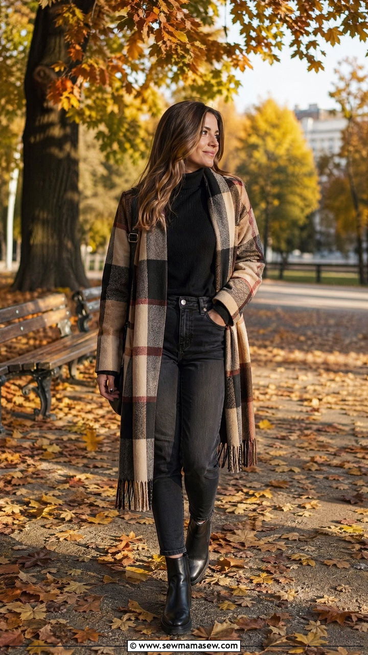 Plaid Scarf Coat With Dark Blue Jeans And Chelsea Boots - 35 Warsaw outfit ideas