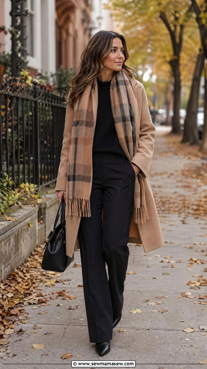 Plaid Scarf Over Monochrome Base With Beige Coat - 35 Counselor outfit ideas