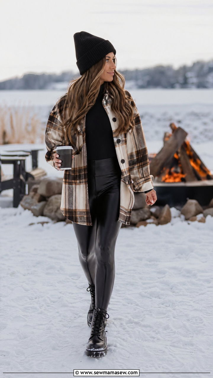 Plaid Shacket Over A Bodysuit With Faux Leather Leggings For Winter Mixer - 35 Sorority outfit ideas