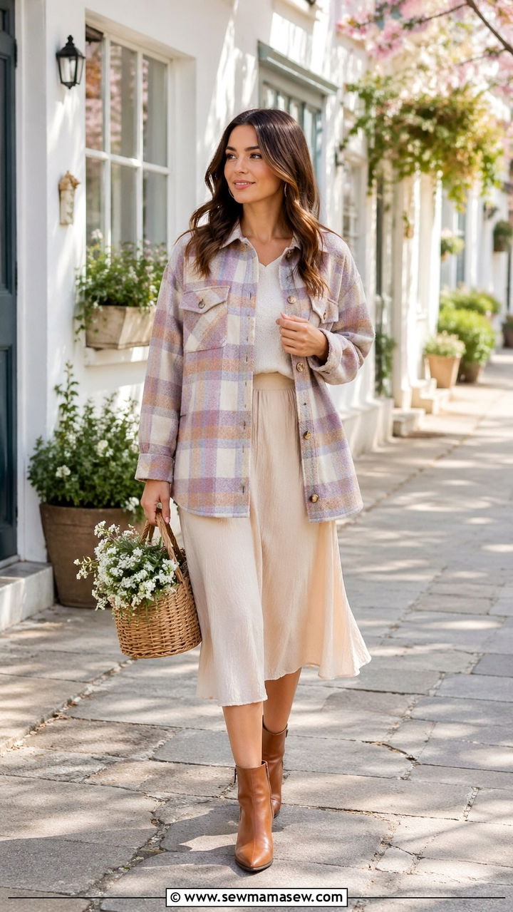 Plaid Shacket Over A Flowing Midi Skirt - 30 spring cottagecore outfits