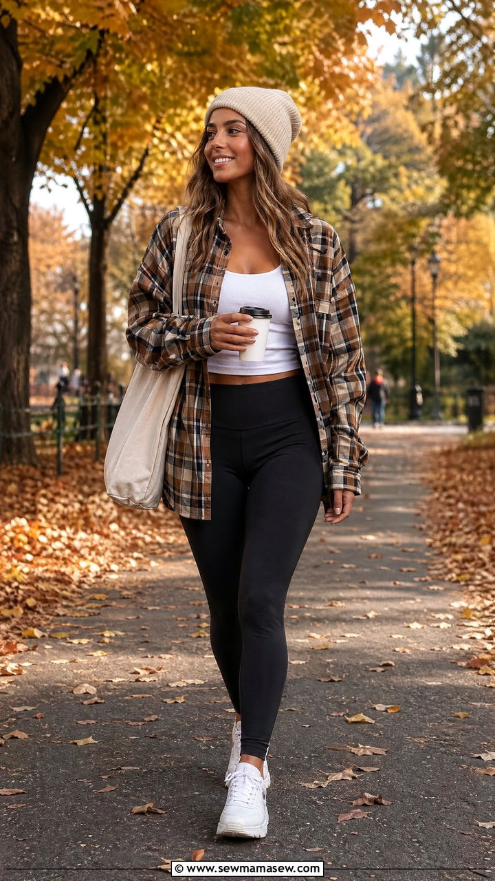 Plaid Shacket Over a Tank With Leggings and Sneakers - 35 comfy outfit ideas for women